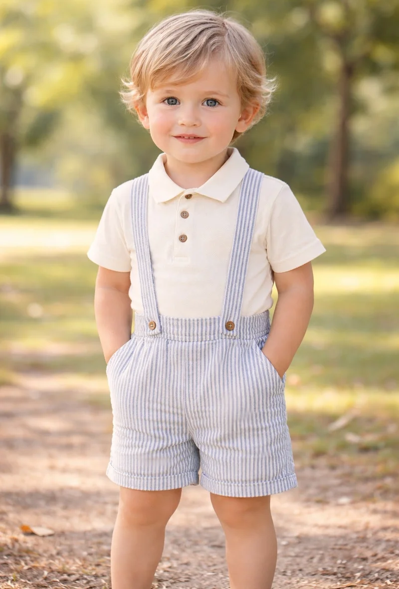 Dirkje Boys set “Seaside Stripes” Cream Polo & Pin-Stripe Suspender Short Set